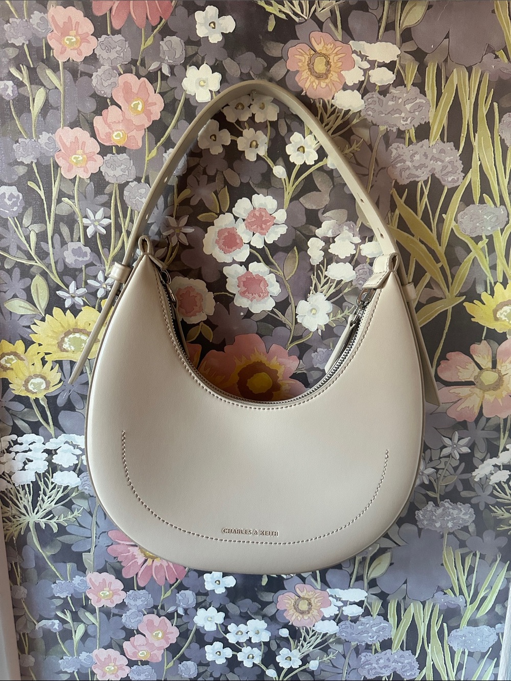 Charles & Keith Cream Crescent Shoulder Bag with Curved Silhouette